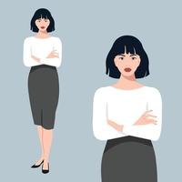 Successful business lady in a trendy style shirt and skirt in two variants. Beautiful girl in realistic style. vector