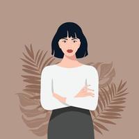 mujer de negocios en traje, camisa y falda, posando sobre fondo marrón tropical. hermosa chica exitosa en estilo realista. vector