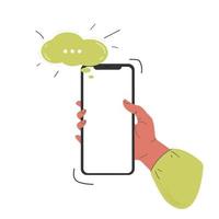 Vector illustration of a phone with a white blank screen in the hand of a cartoon-style character.