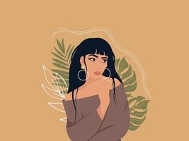 Portrait of a beautiful girl. Young brunette girl with fringes. Avatar for social media. Fashion and beauty. Bright vector illustration in flat style