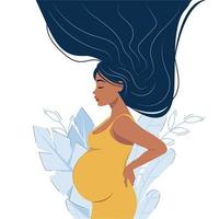 ilustración vectorial plana. mujer embarazada feliz, futura madre. decorado con hermosas hojas.