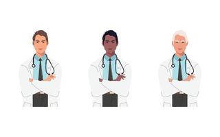 médicos jóvenes con los brazos cruzados de manera confiada con un fonendoscopio en sus uniformes de diferentes colores de piel. europeos y afroamericanos. vector