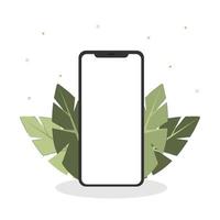 Vector illustration of a phone with a white blank screen on an abstract background of leaves.