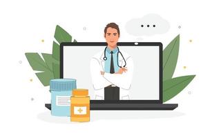 The concept of an online doctor's consultation on medicines. Online medicine, health care, medical diagnostics. Illustration of a doctor from a laptop in a flat style. vector