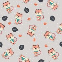 Cute tigers colour vector seamless pattern. Tiger characters cartoon texture with lettering. Scandinavian illustration. Wrapping paper, textile, background fill