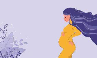 Poster with a beautiful young pregnant woman with long hair and space for text. Minimalist design, flat cartoon vector illustration