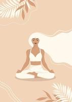 chica en pose de loto con cabello blanco en colores pastel. ilustración vectorial de un afiche para las celebraciones del día internacional del yoga. vector