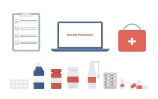 Illustration of an online pharmacy on a white background. Smartphone and laptop with shopping bag, medical supplies, bottles of liquids and pills. Pharmacy shopping. vector