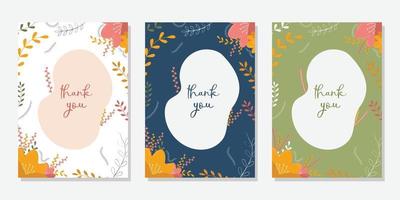 A collection of thank you card templates with flowers. Modern festive vector illustration for celebration. Thank you lettering.