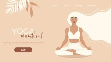 plantilla de página web para escuela de yoga, estudio. diseño moderno para un sitio web. mujer haciendo un ejercicio de yoga, pose de yoga. en colores pastel.