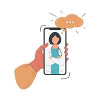A cartoon flat human hand holding a smartphone with a video call to a female doctor on the screen, using a mobile app for advice or counselling, isolated on a white background. vector