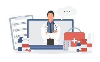 Illustration of a face-less doctor with a laptop and medicines in a flat style. Online medicine, health care, medical diagnostics. vector