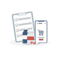 Online pharmacy in a mobile app on a white background. Smartphone, shopping list, medical supplies, bottles of liquids and pills. vector