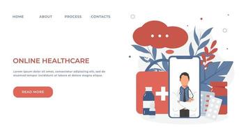 Landing page. Face-less doctor on phone screen and flat style medicine. Online medicine, healthcare, medical diagnostics. vector
