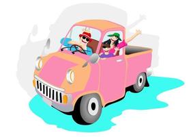 Family car trip on summer vacation, happy parents travel with kids and having fun vector