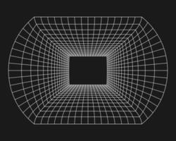 Cyber grid, retro punk perspective rectangular tunnel. Grid tunnel geometry on black background. Vector illustration.