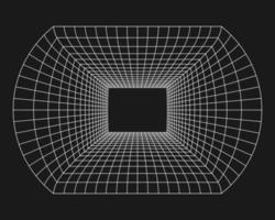 Cyber grid, retro punk perspective rectangular tunnel. Grid tunnel geometry on black background. Vector illustration.