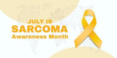 Sarcoma cancer awareness month concept. Banner template with yellow ribbon, text  and world map. Vector illustration.