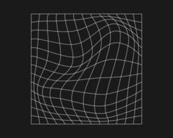 Cyber distorted grid, retro punk design element. Wireframe wave geometry grid on black background. Vector illustration