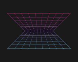 Cyber grid, retro punk perspective rectangular tunnel. Grid tunnel geometry on black background. Vector illustration.