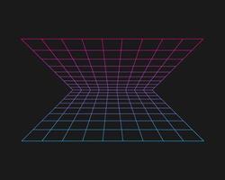 Cyber grid, retro punk perspective rectangular tunnel. Grid tunnel geometry on black background. Vector illustration.