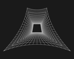 Cyber grid, retro punk perspective rectangular tunnel. Grid tunnel geometry on black background. Vector illustration.