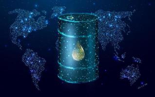 Barrel oil with globe map. Glowing barrel of petroleum. Wireframe low poly graphics. Isolated on dark blue background. Vector illustration.