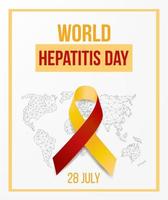 World hepatitis day concept. Banner template with red and yellow ribbon awareness, text and world map.  Vector illustration.