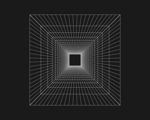 Cyber grid, retro punk perspective rectangular tunnel. Grid tunnel geometry on black background. Vector illustration.