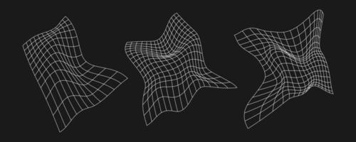 Cyber distorted grid, retro punk design element. Wireframe wave geometry grid on black background. Vector illustration