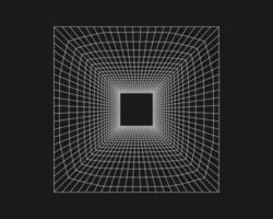 Cyber grid, retro punk perspective rectangular tunnel. Grid tunnel geometry on black background. Vector illustration.