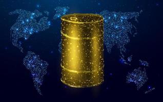 Barrel oil with globe map. Glowing barrel of petroleum. Wireframe low poly graphics. Isolated on dark blue background. Vector illustration.