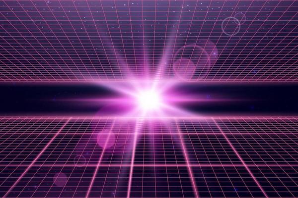 Wireframe perspective grid with lens flare. Space neon infinity mesh, abstract retro  background. Vector illustration.