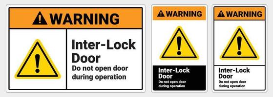 Safety signs warning Interlock doors do not open door during operation. ANSI and OSHA standard formats vector