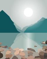 paisaje plano minimalista con lago y montañas para tarjetas, pancartas, anuncios. vector