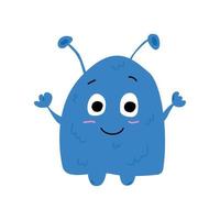 Cute blue alien monster flat style, vector illustration isolated on white background. Funny character for cards or poster, kids design. Unusual smiling monster