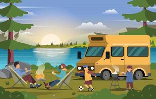 Family Camper Van Activity Near Lake vector