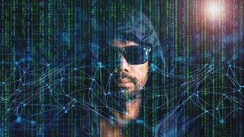 Concept of hackers and cyberpunk or identity theft of computer networks. a man who does not trust technology background photo