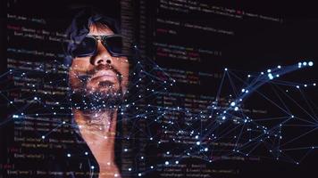 The concept of hackers and insecurity in networking. Dishonest hood man or data thieves photo