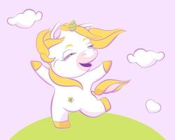 Cute little unicorn is skipping on a field vector