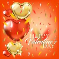 Golden red hearts with Happy Valentines Day and foil confetti in air vector