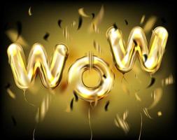 Wow lettering by foil golden balloons in black confetti vector