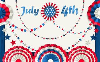 Independence Day card with paper fans hanging on a wooden blue fence. Red, blue and white colors vector