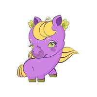 lindo unicornio violeta con cabello amarillo vector