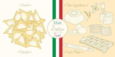 Italian Food Pasta with Filling Ravioli Pansotti, sketching illustration in the vintage style