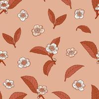 Tea flowers and leaves in beige seamless pattern vector