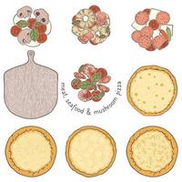Pizza crust and unvegetarian topping meat and seafood, sketching illustration