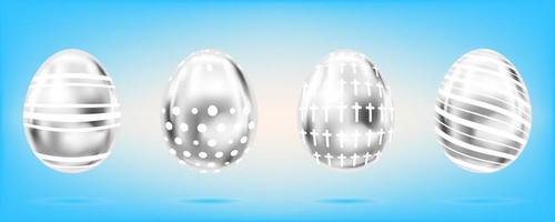 cuatro huevos de plata sobre el fondo azul cielo. objetos aislados para la decoración de Pascua. cruz, puntos y rayas adornados vector