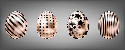 Four glance metallic eggs in pink color with black stripes, dots and stars. Isolated objects for Easter decoration vector