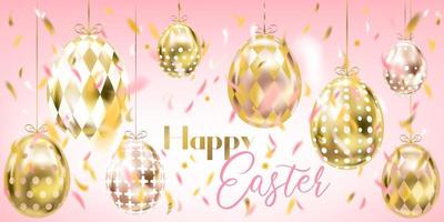 Pink Easter banner with gold eggs and confetti vector